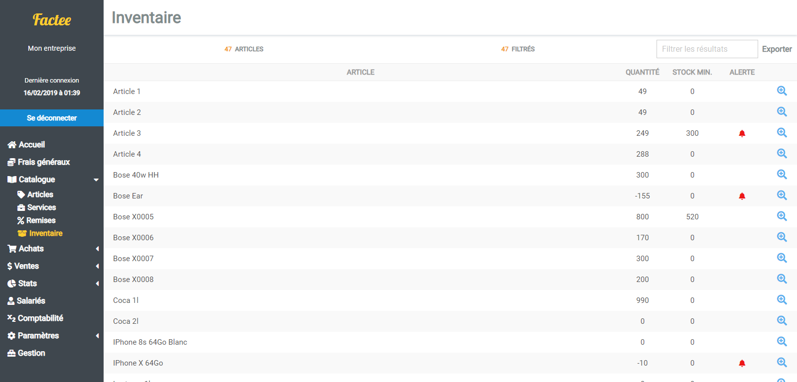 factee Gestion de stock capture ecran