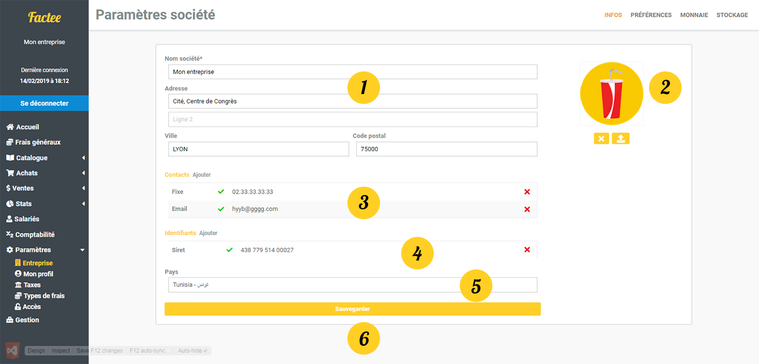 factee Paramètres capture ecran