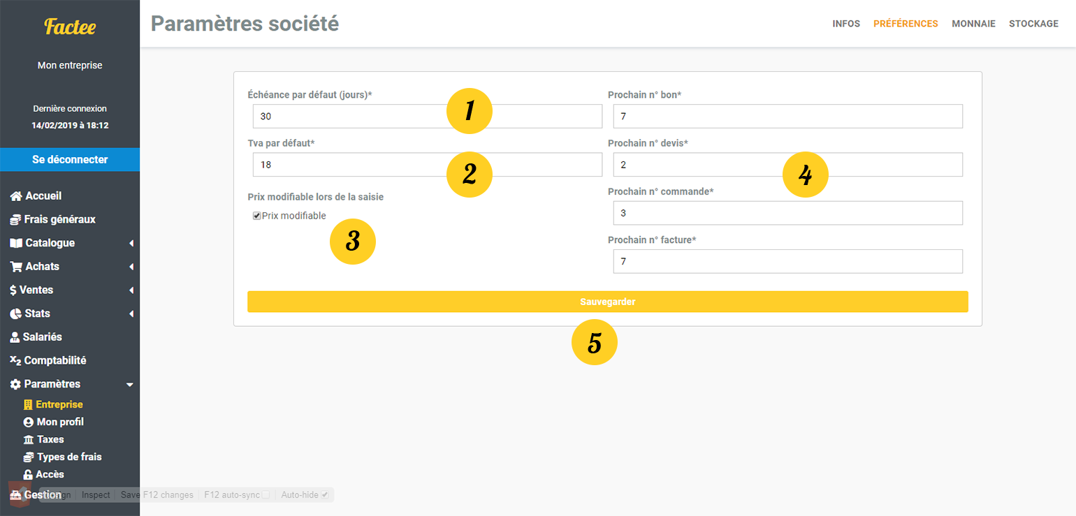 factee Paramètres capture ecran 2